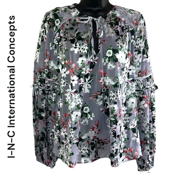 INC International Concepts Floral Print Sheer Long Sleeves Blouse Size M - Picture 1 of 13